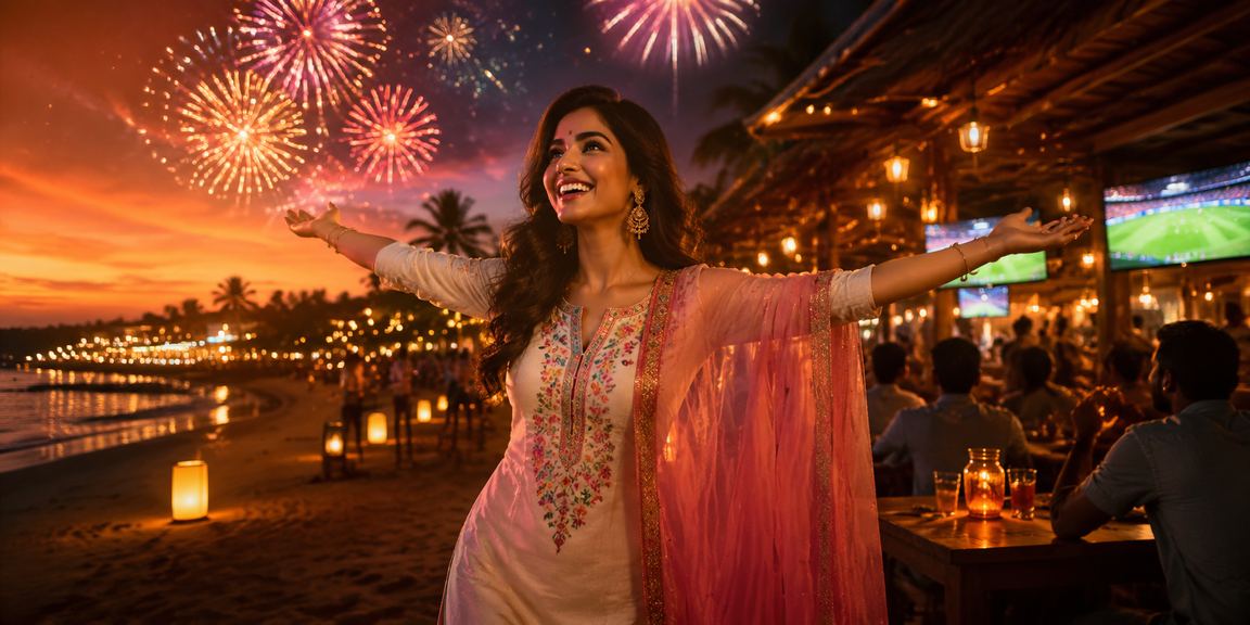 Goa beachside cricket betting promotion displayed on mobile app by user wearing kurti