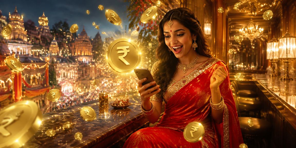 Indian woman celebrating lottery win dressed in traditional saree