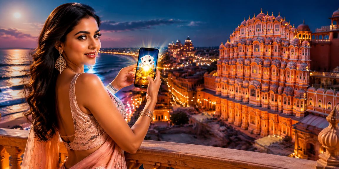 Jaipur Hawa Mahal and Teen Patti card game scene in blue and gold